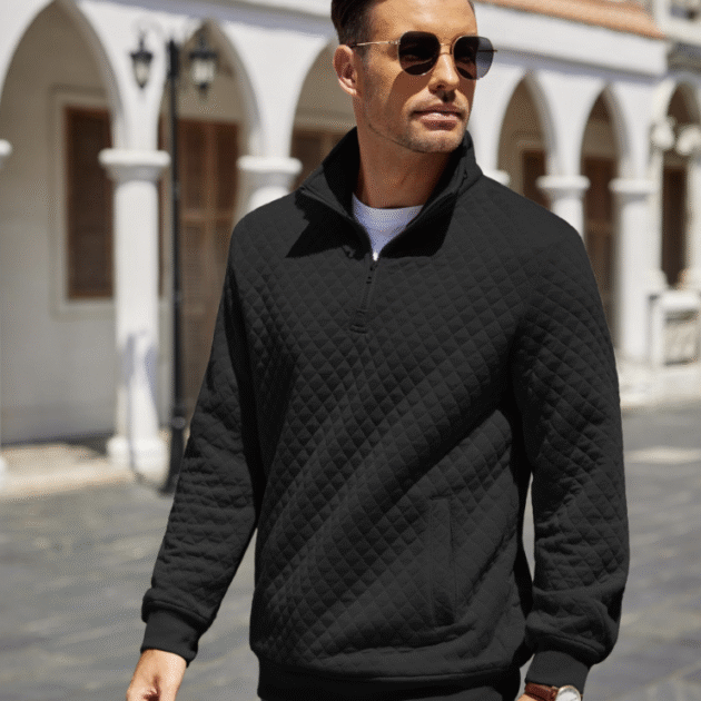 COOFANDY Mens Quarter Zip Pullover Quilted Sweatshirt Knit Long Sleeve Mock Neck Sweater Polo with Pocket
