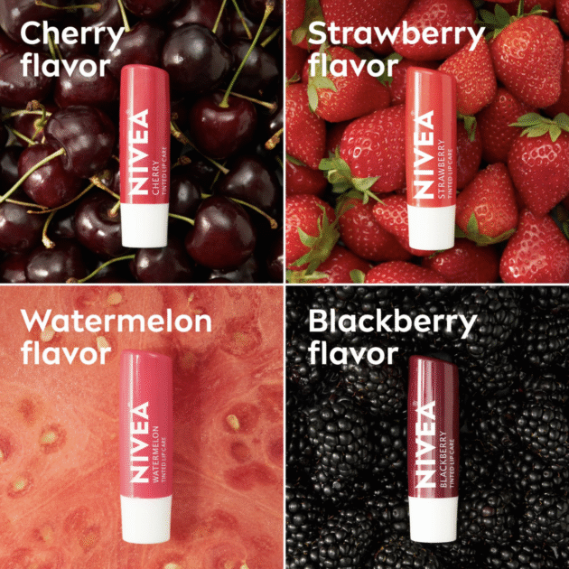 NIVEA Lip Care, Fruity Tinted Lip Balm Variety Pack, Cherry, Strawberry, Blackberry and Watermelon Flavors, 3-in-1 Moisture, Repair and Color, 0.17 Oz Stick, Pack of 4